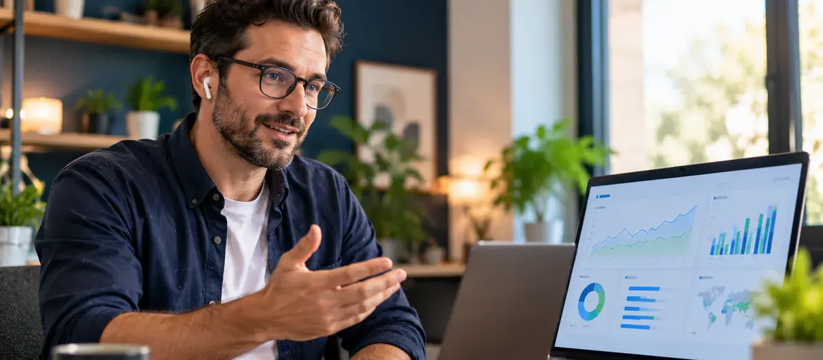 An analyst on a video call, walking a client through an analytics dashboard