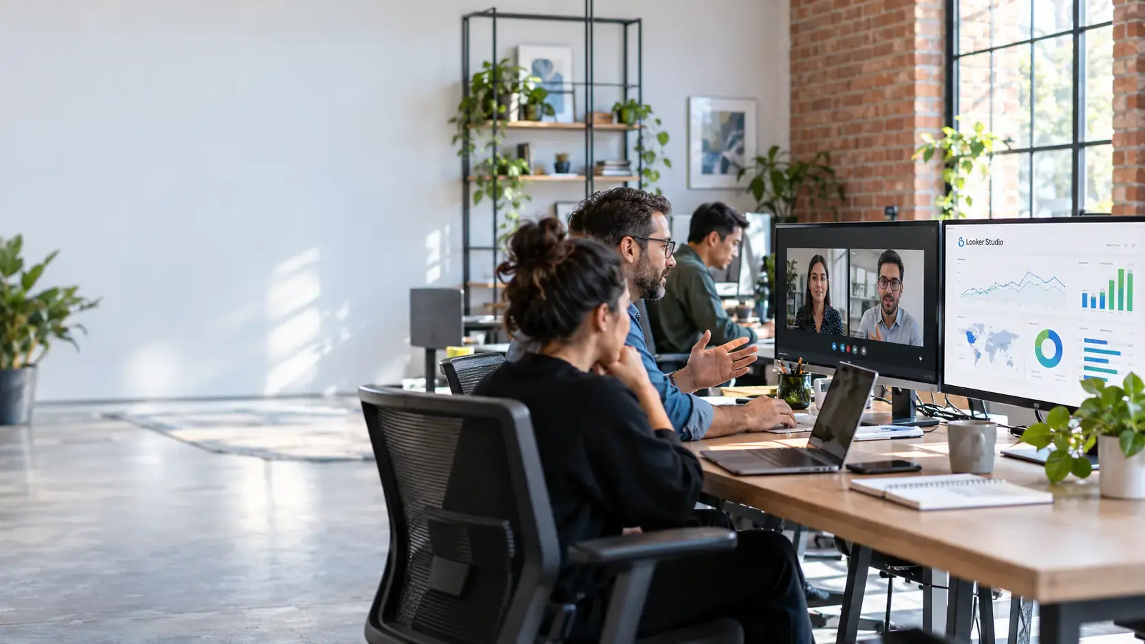 Agency team on a client video call reviewing white-label GA4 tracking results on a Looker Studio dashboard
