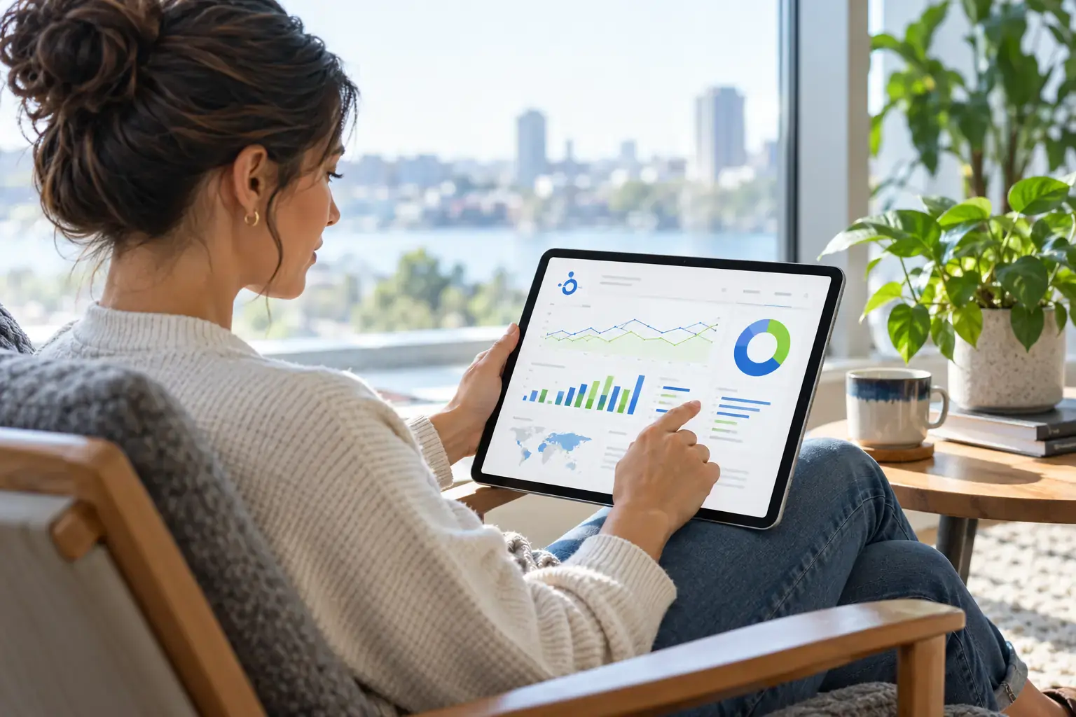 Analyst reading an AI search analytics report on a tablet by a window
