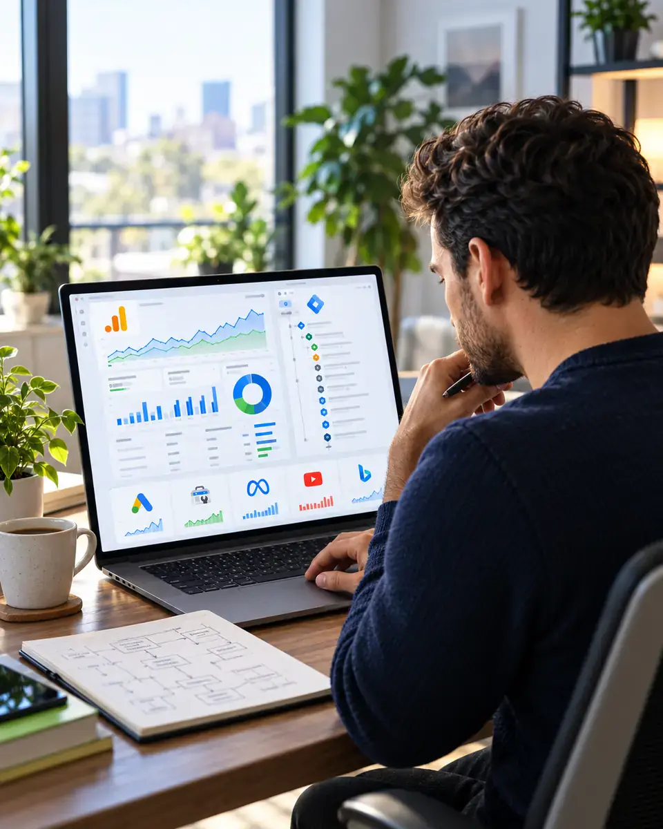 Analytics consultant checking a GA4 report and Tag Manager tags during a Google Analytics audit
