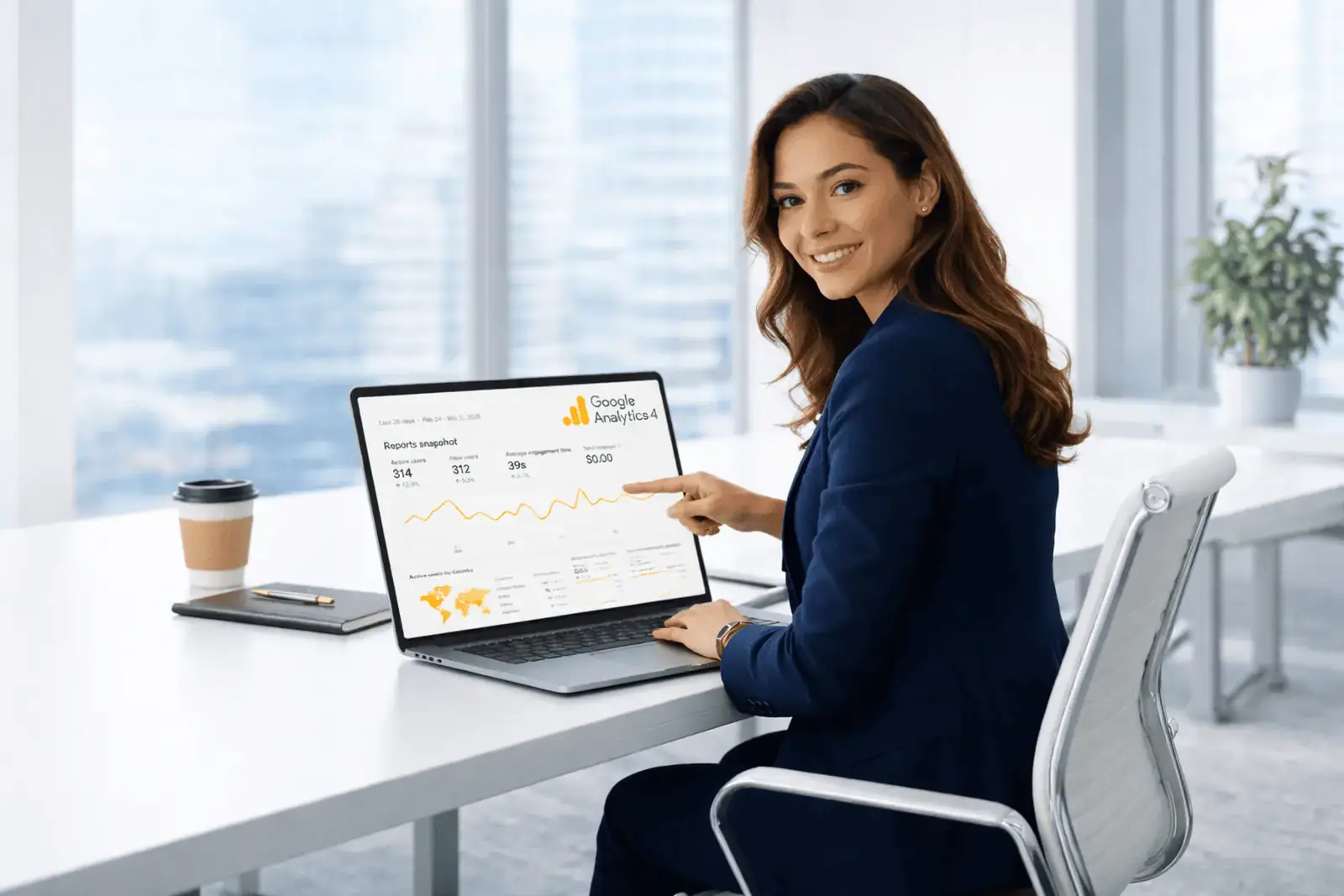 Analytics consultant presenting a Google Analytics audit report on a laptop