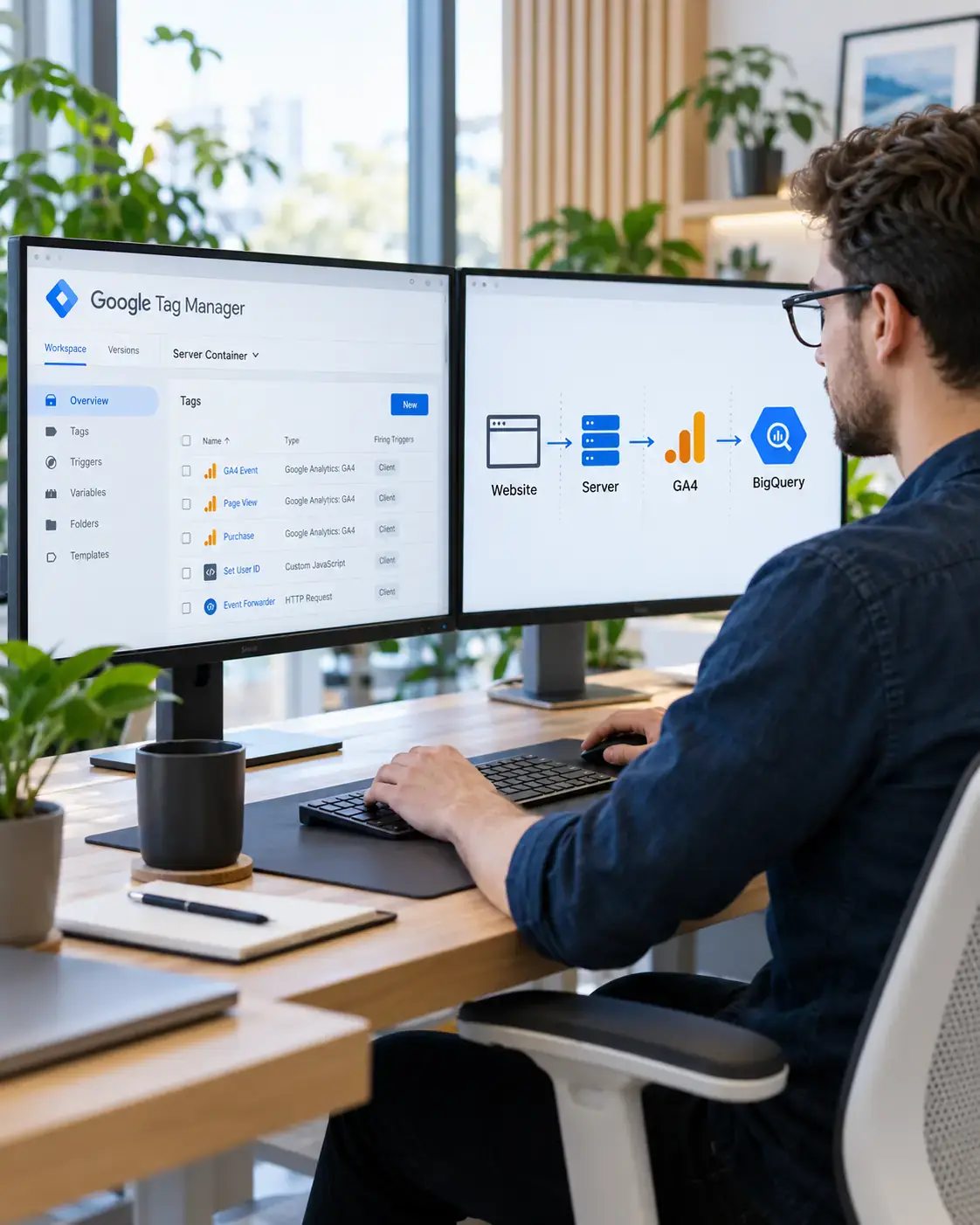 Engineer configuring a server-side Google Tag Manager container, with a data flow from website to server to GA4