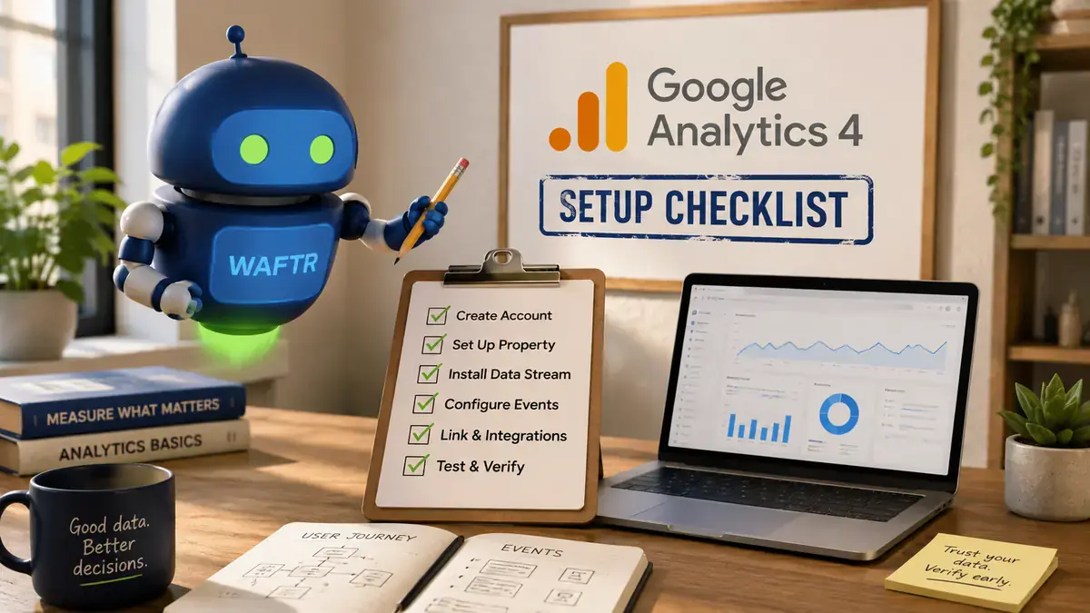 How to set up Google Analytics 4: Waft, the Waftr mascot, beside a GA4 setup checklist