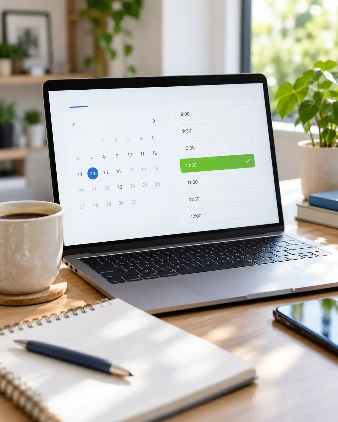 Laptop showing a Calendly booking screen with a 10:30 slot selected for a free 30-minute web analytics call