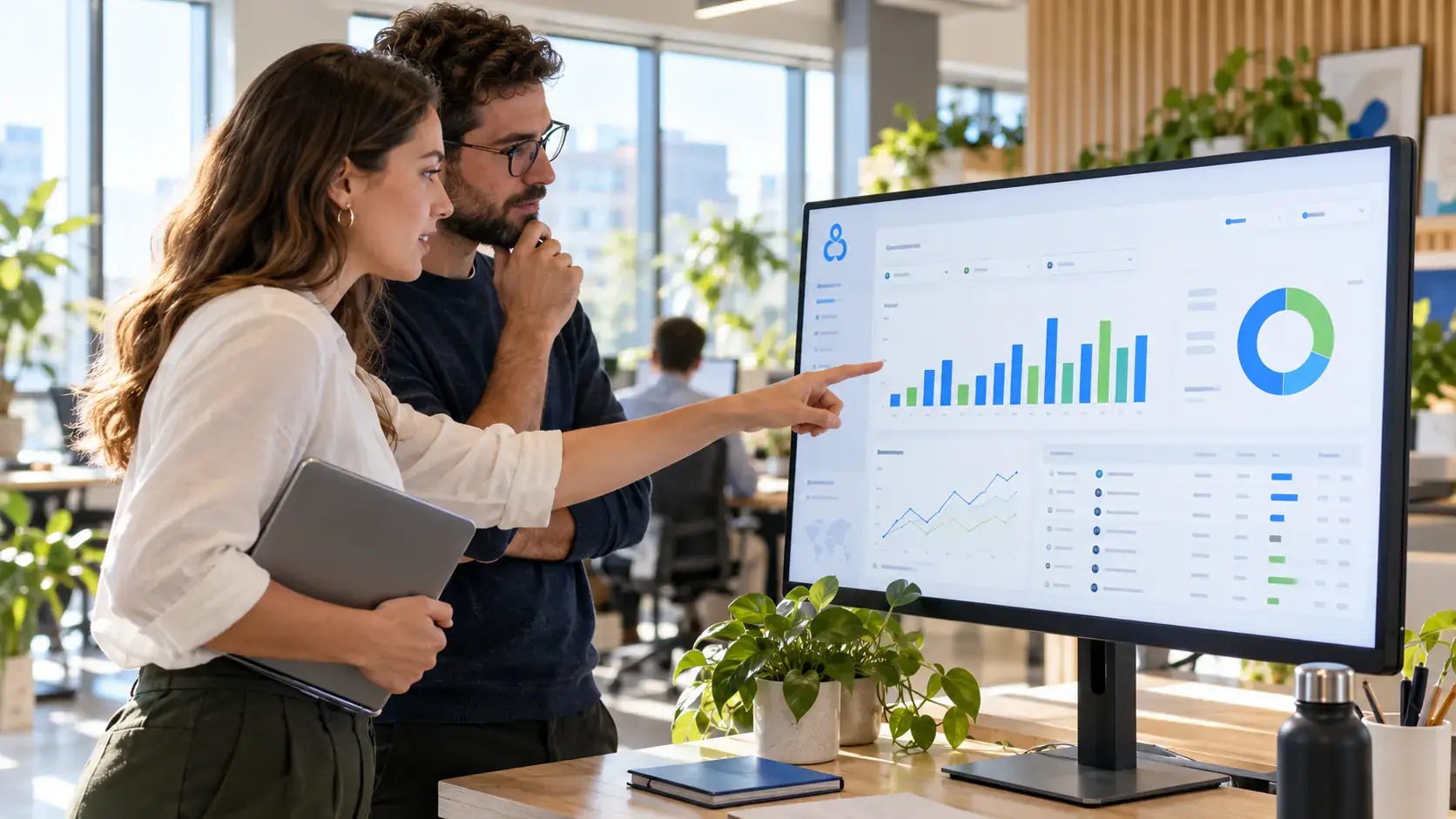 Marketing lead and engineer reviewing lead source charts on a Looker Studio dashboard after a server-side tagging fix