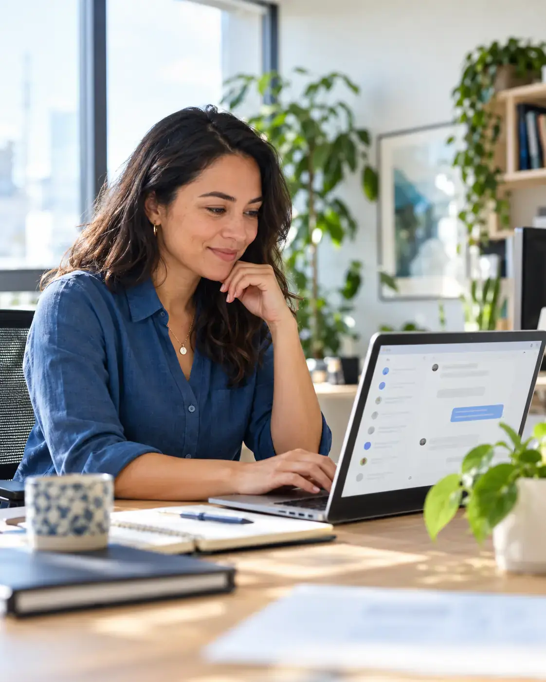 Marketing manager smiling at her laptop after sending an enquiry through a website form