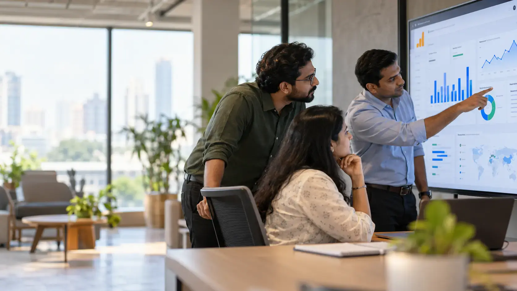Marketing team reviewing a CRO audit of GA4 funnel charts on a large screen in a glass-walled office