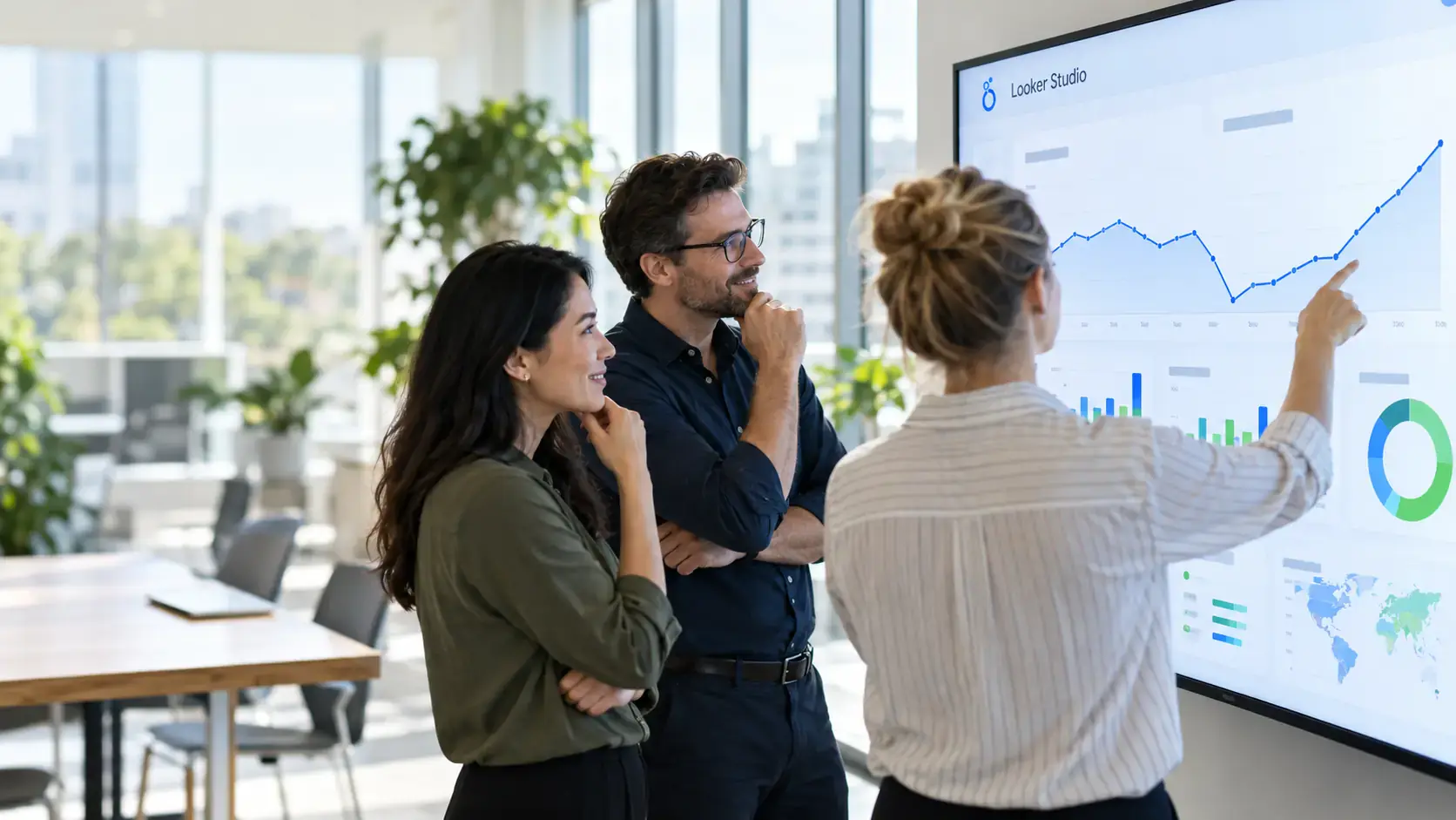 Three colleagues reviewing a Looker Studio chart where conversions recover after a tracking fix