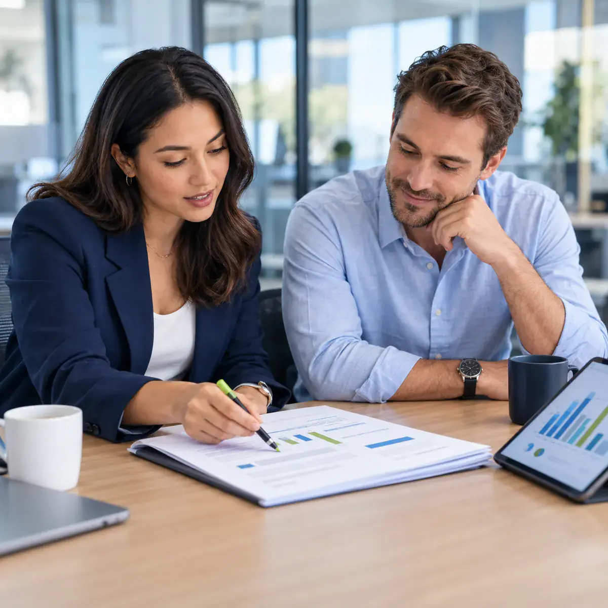 Two analysts reviewing a printed GA4 audit report with a tablet showing conversion charts