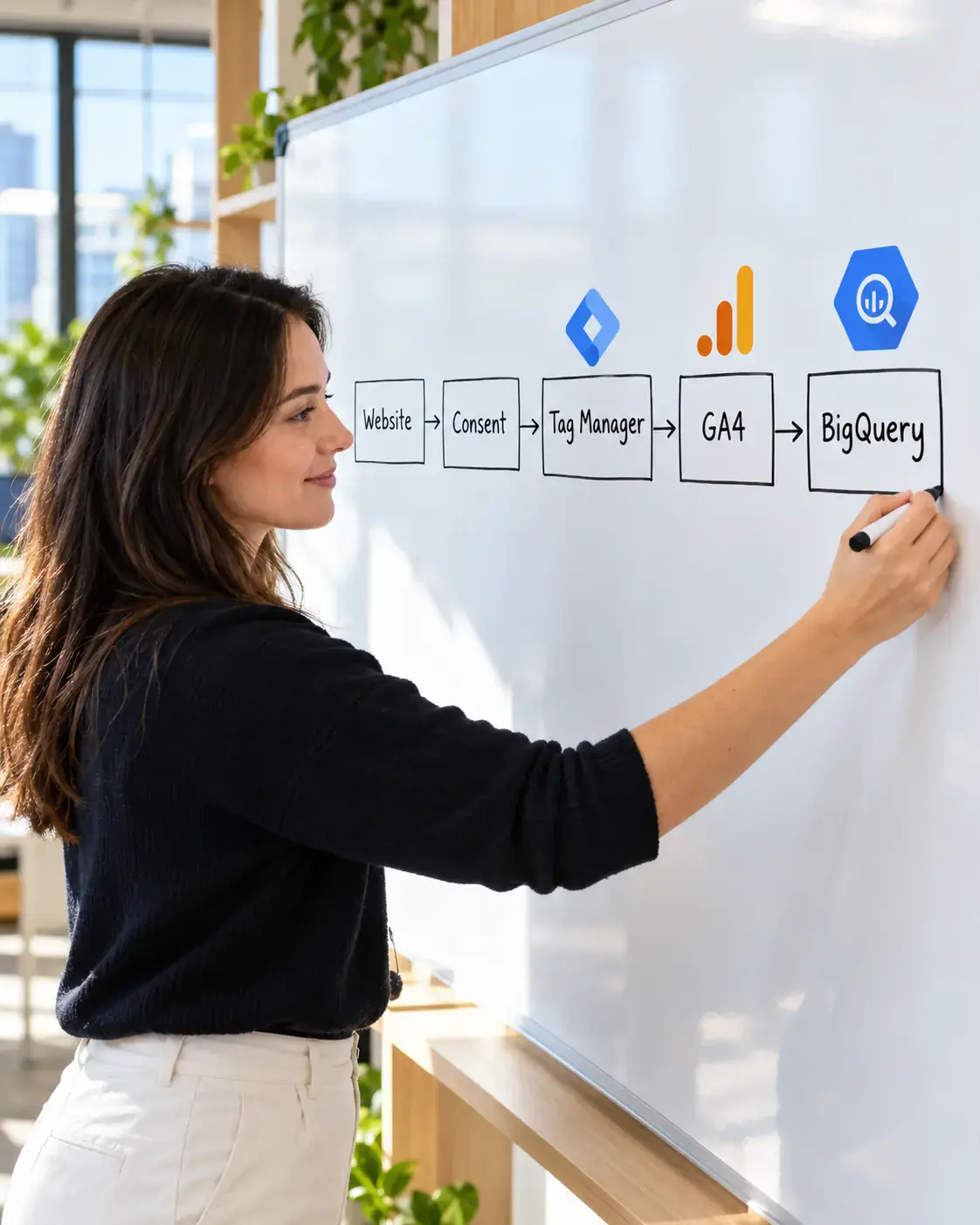 Analyst drawing a web analytics pipeline on a whiteboard: website, consent, Tag Manager, GA4 and BigQuery