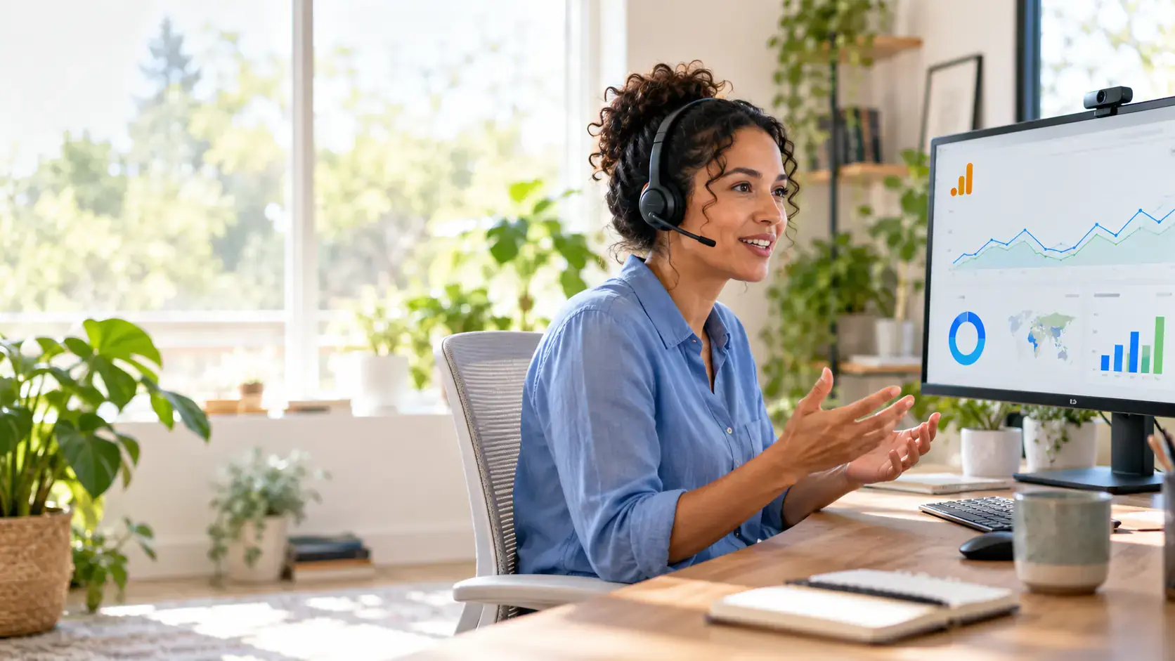 Analytics engineer on a video call with a headset, a GA4 report on the monitor, answering a contact request