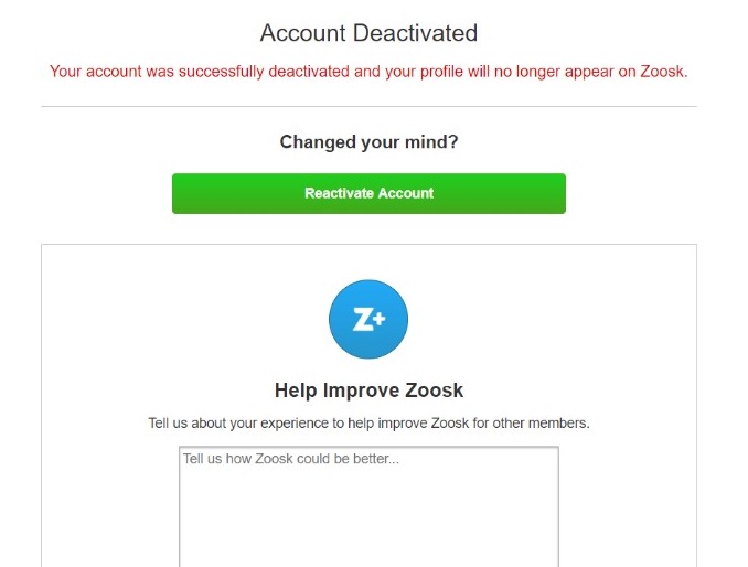 Delete Zoosk confirmation
