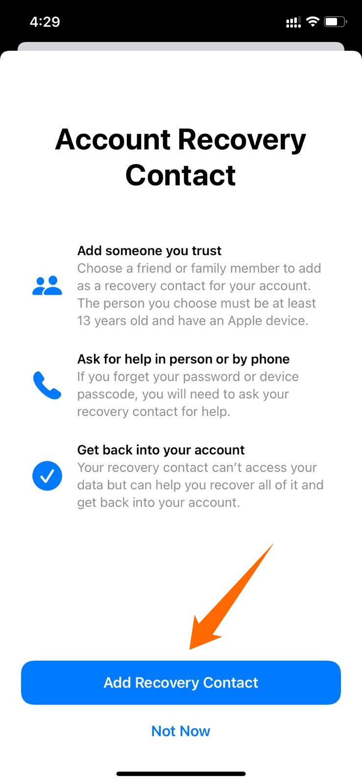 Choose Add Recovery Account