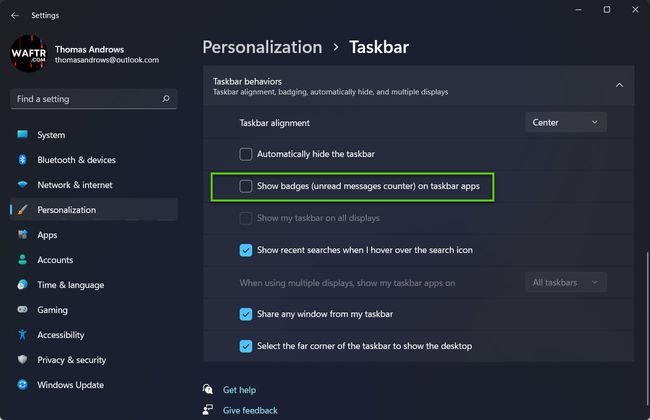 Disable notification badges in Windows 11