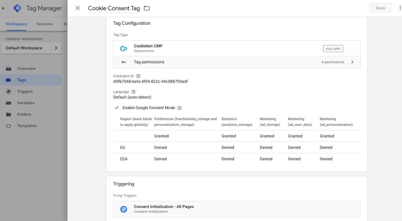 Cookie consent banner implemented via Google Tag Manager using Cookiebot tag, showing consent categories and user controls
